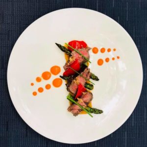 Big City Chefs - Beef in Soy, Sweet Potato Crush, Roast Red Pepper with Coulis & Asparagus.
