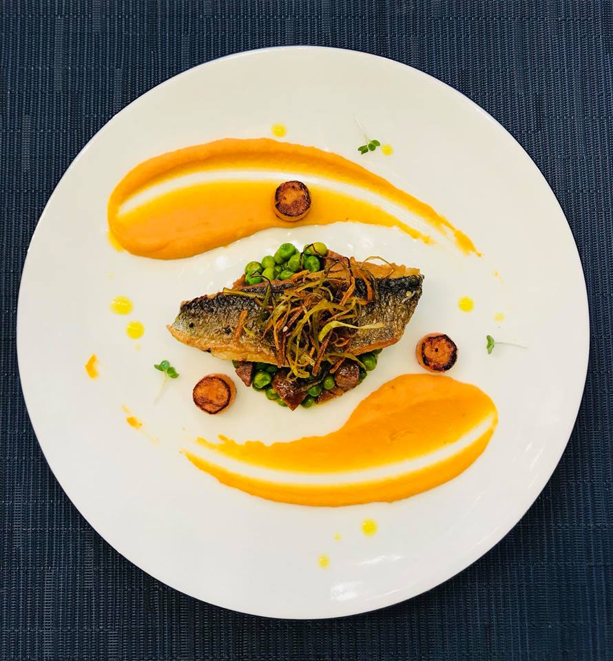 Seabass with Butternut Squash, Chorizo, Petit Pois, Crispy Julienne of Leek & Carrot .